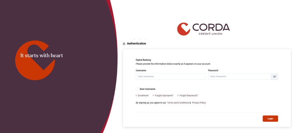 Screen capture of the Corda Credit Union mobile app and online banking log-in page